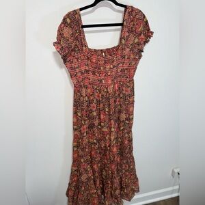 Free People Women's Getaway Dress Sz L Floral Print Maxi in Black Combo Cotton